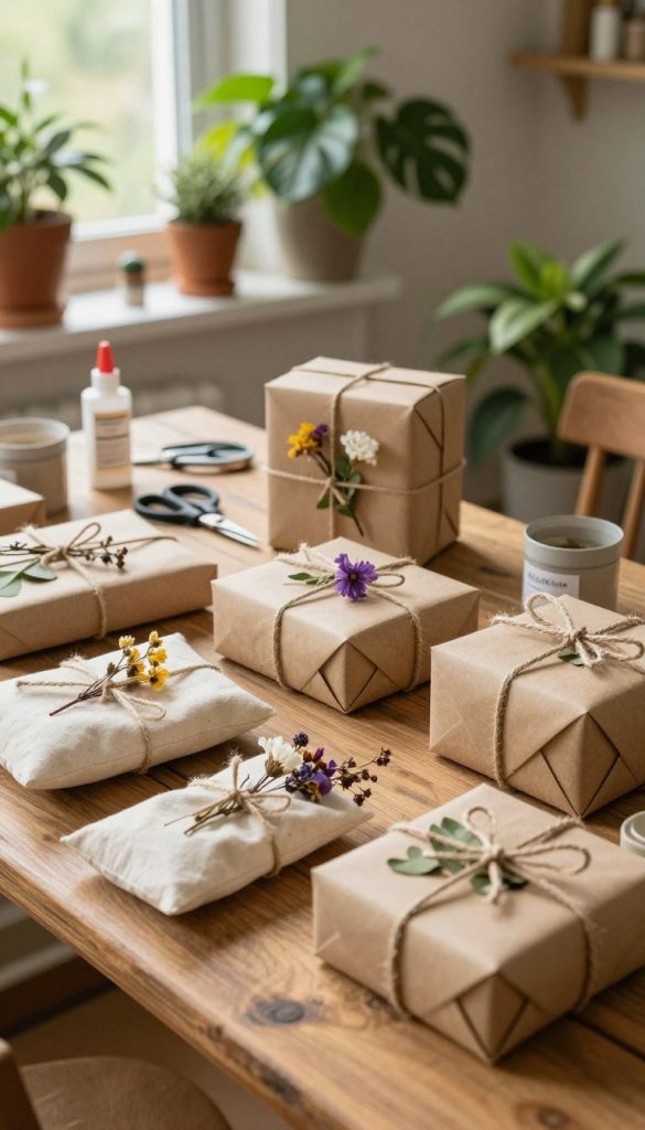 A beautifully arranged collection of sustainable DIY gift ideas, showcasing natural materials and warm, inviting colors. In the foreground, a rustic wooden table displays creatively wrapped handmade gifts, including cloth pouches, recycled paper wraps, and biodegradable plant-based boxes. Each gift is thoughtfully adorned with dried flowers and twine. The middle ground features a cozy crafting space with tools like scissors and glue, and vibrant greenery in pots, reflecting an eco-friendly atmosphere. In the background, soft natural light filters through a window, casting gentle shadows and enhancing the warm tones. The overall mood is authentic and inspiring, embodying a Pinterest aesthetic. Include the brand name "KlickKiste" subtly in the scene, integrating it harmoniously without explicit branding.