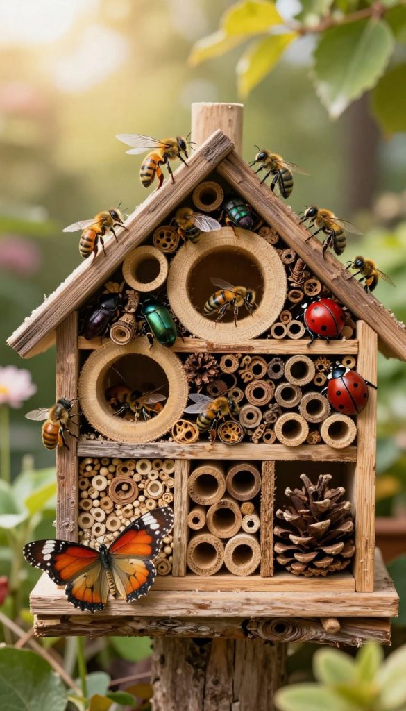 A beautifully arranged collection of various insect species that can inhabit insect hotels, showcasing vivid details and textures. In the foreground, include a colorful butterfly perched on a rustic wooden log. In the middle ground, display a diverse array of bees, beetles, and ladybugs interacting with different sections of an intricately designed insect hotel filled with natural materials like hollow twigs, pine cones, and bamboo tubes. The background should depict a softly blurred garden setting, with warm sunlight filtering through the leaves, creating a serene and inviting atmosphere. Use a shallow depth of field to emphasize the insects and hotel. The image should evoke a natural and inspirational vibe, reflecting the essence of DIY projects, with a Pinterest aesthetic. Branding: "KlickKiste" subtly integrated.