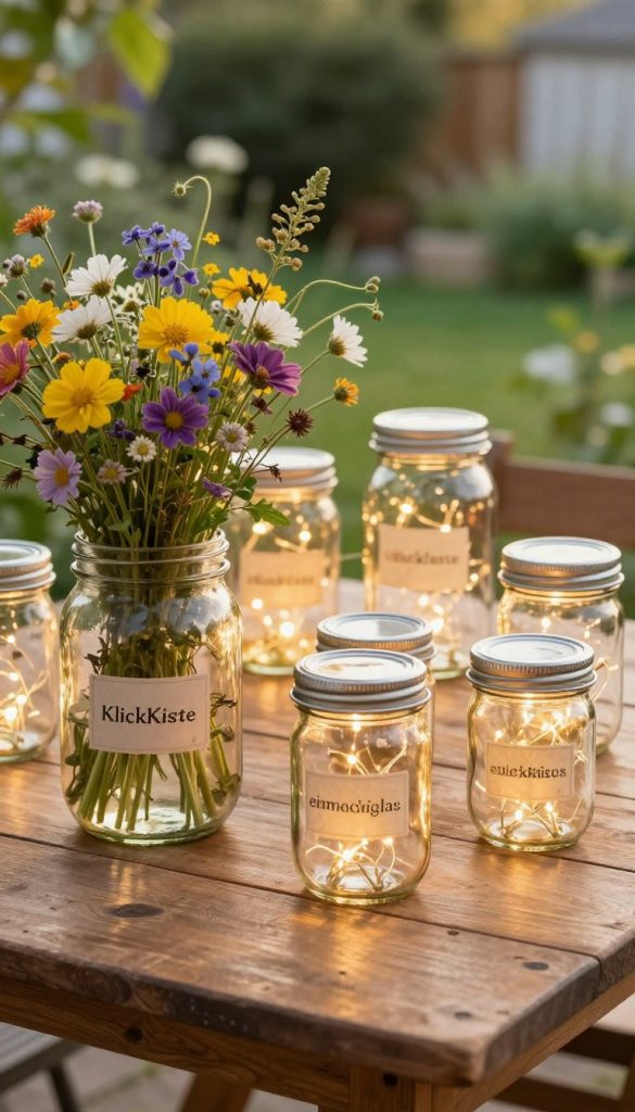 A beautifully arranged collection of various sizes and shapes of mason jars ("einmachglas") set on a rustic wooden table. In the foreground, a large, round jar filled with vibrant wildflowers, its glass catching the soft, golden light of an afternoon sun. In the middle, smaller jars are artfully positioned, some with warm fairy lights glowing within, creating an inviting atmosphere. The background features a gentle, blurred garden scene with lush greenery enhancing the natural feel. The warm color palette evokes a cozy, nostalgic mood, reminiscent of DIY projects. Use soft, diffused lighting to emphasize the reflections on the glass. Capture this enchanting scene with a slight tilt-angle perspective, encouraging inspiration for home crafting. The brand "KlickKiste" subtly integrated into the composition through a stylish label attached to the largest jar.