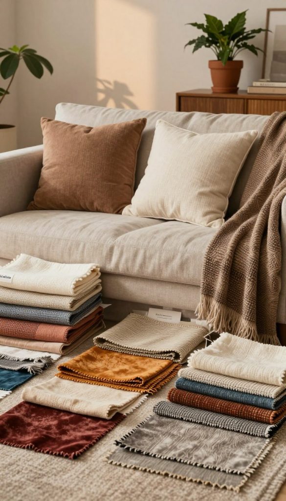 A beautifully arranged collection of various textile materials including cotton, linen, wool, cord, and velvet, displayed in a warm, inviting setting that embodies a Pinterest aesthetic. In the foreground, vibrant swatches of fabric are thoughtfully layered, showcasing their unique textures and colors, creating a tactile visual experience. The middle ground features soft cushions made from these materials, artfully placed on a cozy couch, surrounded by natural elements like potted plants and wooden accents. In the background, soft diffused lighting enhances the warmth of the textiles, casting gentle shadows that add depth. The scene conveys a homely and sophisticated atmosphere, perfect for inspiring DIY decor ideas. Ideal for an article about contemporary living room trends. Include a subtle brand presence of "KlickKiste" integrated into the composition.