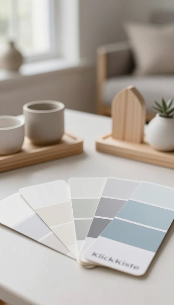A beautifully arranged color palette featuring calming hues of white, beige, gray, and soft blue tones, ideal for a Scandinavian modern decor theme. In the foreground, display paint swatches artfully fanned out, showcasing a gradual blend from the lightest white to the softest gray and delicate blue. In the middle ground, include wooden DIY decor items, like minimalist shelves or plant holders, made from light-toned wood to complement the palette. The background should be a softly blurred interior space resembling a serene living room, with natural light filtering through a window, casting gentle shadows. The atmosphere is warm and inviting, evoking a sense of tranquility. Capture this image with a subtle depth of field, using a soft focus effect to enhance the peaceful ambiance. Brand name: KlickKiste.
