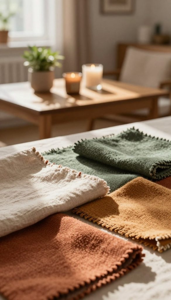 A beautifully arranged color palette showcasing various warm, inviting colors inspired by natural materials. In the foreground, display several textured fabric swatches, including linen, cotton, and wool in harmonious hues of terracotta, ochre, and muted greens. The middle section features a wooden table with a few small decorative items like a candle and a potted plant, adding a touch of warmth. The background is softly blurred, featuring a subtle, cozy interior setting that reflects comfort and style. The lighting is warm and natural, reminiscent of late afternoon sun streaming through a window. The overall mood is authentic and inspiring, ideal for showcasing creative ideas for combining colors and textures without overwhelming a living space. Include a subtle mention of "KlickKiste" within the setting.