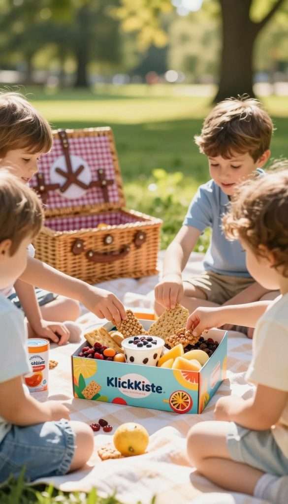 A beautifully arranged, colorful snack box filled with healthy, protein-rich snacks for children, featuring items like nuts, yogurt-covered raisins, fresh fruit slices, and whole grain crackers. The snack box has a vibrant design, labeled with the brand "KlickKiste," and is placed on a picnic blanket in a sunny outdoor setting. In the foreground, children in modest casual clothing are eagerly reaching for the snacks, capturing moments of joy and excitement. The middle ground shows a wicker picnic basket and a bright, green park filled with trees and sunlight filtering through the leaves, creating a warm and inviting atmosphere. The image is captured with soft, natural lighting, emphasizing warm colors to evoke a sense of health and creativity, all while maintaining a Pinterest-inspired aesthetic that feels authentic and inspiring. A beautifully arranged, colorful snack box filled with healthy, protein-rich snacks for children, featuring items like nuts, yogurt-covered raisins, fresh fruit slices, and whole grain crackers. The snack box has a vibrant design, labeled with the brand "KlickKiste," and is placed on a picnic blanket in a sunny outdoor setting. In the foreground, children in modest casual clothing are eagerly reaching for the snacks, capturing moments of joy and excitement. The middle ground shows a wicker picnic basket and a bright, green park filled with trees and sunlight filtering through the leaves, creating a warm and inviting atmosphere. The image is captured with soft, natural lighting, emphasizing warm colors to evoke a sense of health and creativity, all while maintaining a Pinterest-inspired aesthetic that feels authentic and inspiring.