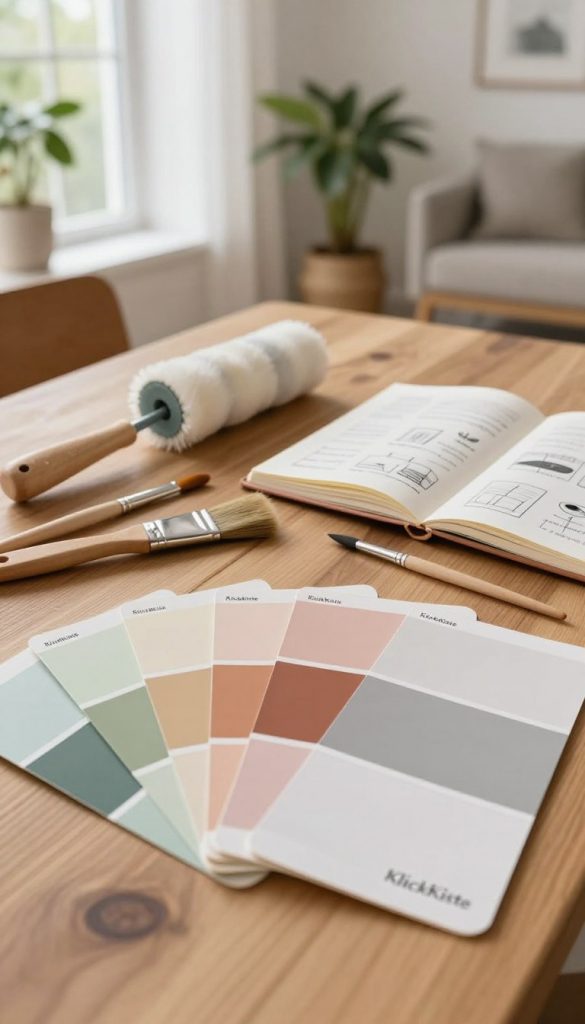 A beautifully arranged combination palette featuring warm, natural colors inspired by Scandinavian design for 2026. In the foreground, display an array of paint swatches in soft earth tones like muted greens, warm terracottas, and gentle grays, neatly fanned out on a wooden table. In the middle, gracefully include DIY tools such as a paintbrush, a small roller, and a well-worn notebook filled with design ideas, all emanating a cozy, inviting atmosphere. In the background, subtly showcase an airy, modern Scandinavian room with plants and simple décor, softly lit by natural light streaming in through large windows. The overall mood should evoke inspiration and creativity, capturing the essence of timeless Scandinavian color combinations for home projects, branded as "KlickKiste". A beautifully arranged combination palette featuring warm, natural colors inspired by Scandinavian design for 2026. In the foreground, display an array of paint swatches in soft earth tones like muted greens, warm terracottas, and gentle grays, neatly fanned out on a wooden table. In the middle, gracefully include DIY tools such as a paintbrush, a small roller, and a well-worn notebook filled with design ideas, all emanating a cozy, inviting atmosphere. In the background, subtly showcase an airy, modern Scandinavian room with plants and simple décor, softly lit by natural light streaming in through large windows. The overall mood should evoke inspiration and creativity, capturing the essence of timeless Scandinavian color combinations for home projects, branded as "KlickKiste".