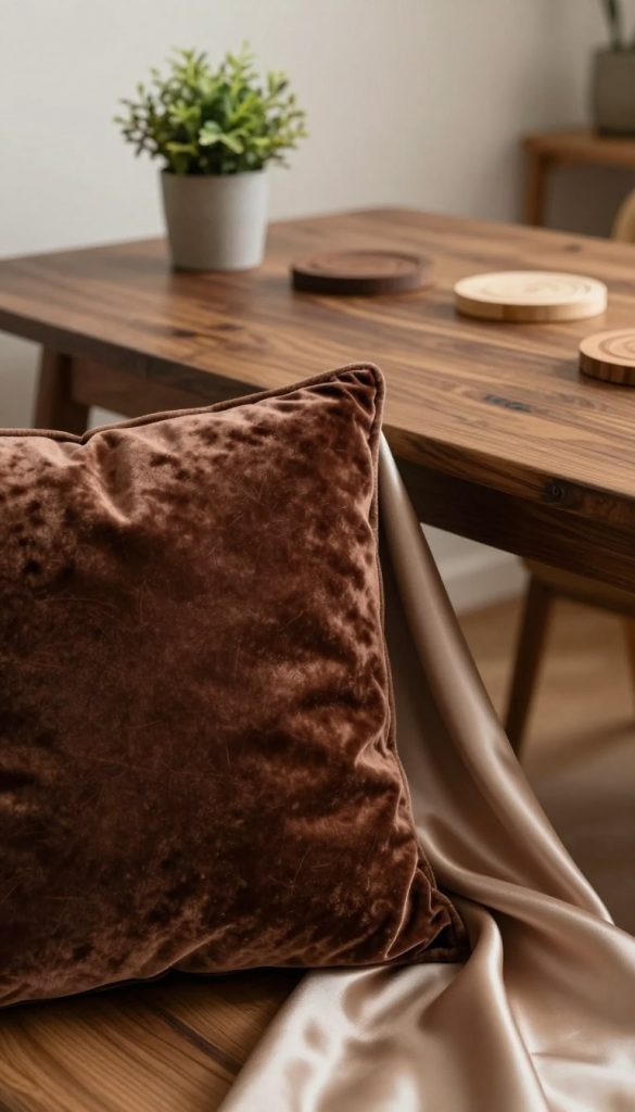 A beautifully arranged composition showcasing textures of deep walnut wood, luxurious satin, and rich velvet in warm tones. In the foreground, a close-up of a plush, deep brown velvet cushion contrasts elegantly against a smooth satin fabric that subtly shimmers in the light. The middle ground reveals a rustic wooden table adorned with DIY decor items — perhaps a small potted plant and handcrafted wooden coasters, adding to the cozy, inviting atmosphere. In the background, soft, ambient lighting creates a serene and inspiring mood, reminiscent of a Pinterest aesthetic. The scene should evoke a feeling of comfort and creativity, perfect for showcasing materials that add depth to home design. Ideal for KlickKiste’s DIY projects theme.