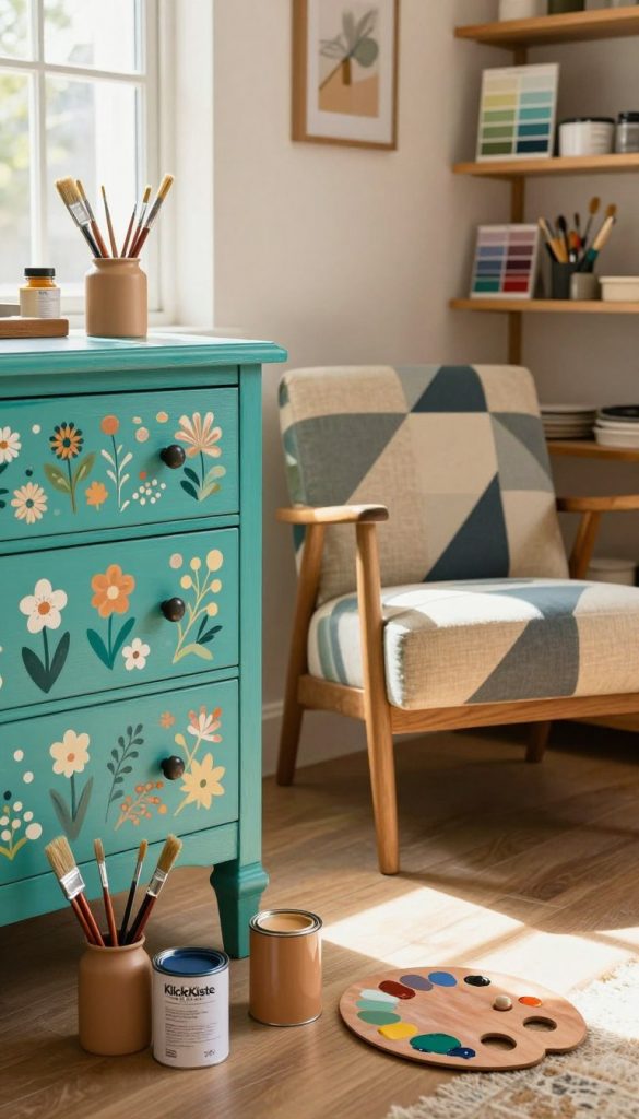 A beautifully arranged corner showcasing upcycled furniture, featuring a vibrant, hand-painted dresser in teal with intricate floral designs, symbolizing creativity and sustainability. In the foreground, there are brushes, paint cans in earthy tones, and a palette, embodying the DIY spirit. The middle ground displays a cozy seating area with a reupholstered chair adorned in a modern geometric fabric. Soft sunlight filters through a nearby window, casting a warm glow on the scene. In the background, shelves filled with paint samples and tools create an inviting workshop atmosphere. This image should reflect the brand "KlickKiste," evoking a sense of inspiration and authenticity in upcycling old furniture with color and paint.
