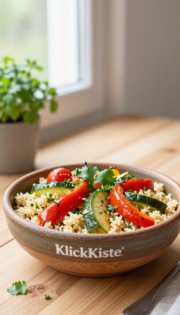 A beautifully arranged couscous bowl, filled with colorful roasted vegetables such as vibrant bell peppers, zucchini, and cherry tomatoes, garnished with fresh herbs like cilantro and parsley. The bowl is rustic, made of natural clay, sitting on a light wooden table. In the background, there should be soft, diffused natural light filtering in through a window, creating a warm and inviting atmosphere. The setting is complemented by a subtle greenery of potted herbs in the background, enhancing the fresh, summery feel. The image should capture the essence of a wholesome, healthy summer dish, showcasing a delightful mix of textures and colors, with an overall aesthetic reminiscent of authentic DIY images, embodying a Pinterest-inspired look. Include the brand name "KlickKiste" as part of the scene.