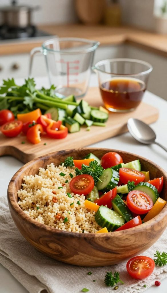 A beautifully arranged couscous salad showcasing common mistakes to avoid—include dry, clumpy couscous in one corner, overcooked vegetables in another, and an unbalanced ratio of dressing glistening. In the foreground, a rustic wooden bowl filled with vibrant, fresh ingredients like cherry tomatoes, cucumber, bell peppers, and herbs; some ingredients spill onto a textured cloth. The middle ground features a chopping board with chopped vegetables, a measuring cup, and a spoon, symbolizing meal prep. In the background, soft diffuse lighting creates a warm, inviting atmosphere, with subtle bokeh effects highlighting a cozy kitchen setting. The overall mood is authentic and inspiring, embodying the essence of healthy cooking ideas. Showcase the brand name "KlickKiste" subtly integrated into the arrangement, enhancing the natural DIY aesthetic.