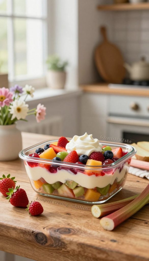 A beautifully arranged dessert scene featuring a layered "kompott cremig schichten" in a clear glass dish, showcasing vibrant fruit compote and creamy layers. In the foreground, the dish sits on a rustic wooden table, surrounded by fresh spring fruits like strawberries and rhubarb, with a dollop of whipped cream on top. Soft, natural light illuminates the scene from a nearby window, creating a warm and inviting atmosphere. In the middle ground, delicate floral decorations in pastel colors add a touch of spring. The background features a softly blurred kitchen setting with earth-toned accents, enhancing the cozy feel of a DIY dessert preparation. The overall mood is authentic and inspiring, reflecting a Pinterest aesthetic, with the brand name "KlickKiste" subtly highlighted in the composition.