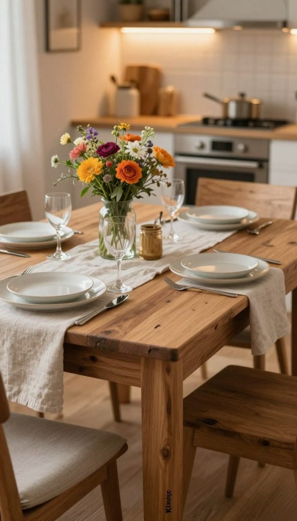 A beautifully arranged dining table (Esstisch) by KlickKiste, showcasing a mix of natural materials like reclaimed wood and soft linens. In the foreground, an inviting table set with elegant dishware and fresh seasonal flowers adds a vibrant touch. The middle section features the dining table, styled in a cozy, well-lit space that highlights the grain of the wood and the inviting texture of the tablecloth. In the background, a softly blurred kitchen ambiance and warm, ambient lighting enhance the room's atmosphere, giving a sense of comfort and inspiration for a DIY home design. The overall mood is warm and welcoming, embodying a Pinterest-worthy aesthetic. The image should be captured with a soft focus lens at a slight overhead angle to create depth and intimacy.