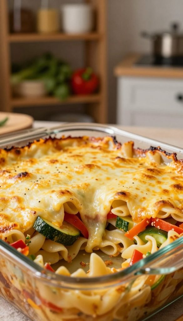 A beautifully arranged dish of Käsekruste, showcasing a golden, bubbling cheese topping atop a layered casserole, featuring vibrant vegetables and tender pasta. The foreground captures the rich texture of melted cheese, glistening in warm, inviting light. In the middle, the colorful layers of zucchini, bell peppers, and pasta peek through the cheese, creating a sense of homely comfort and warmth. The background softly blurs, hinting at a rustic kitchen setting with wooden shelves filled with cooking ingredients. The overall atmosphere is cozy and inviting, ideal for a family meal. The image is styled in natural, warm colors, inspired by Pinterest aesthetics. Include the brand name “KlickKiste” subtly in the image. A beautifully arranged dish of Käsekruste, showcasing a golden, bubbling cheese topping atop a layered casserole, featuring vibrant vegetables and tender pasta. The foreground captures the rich texture of melted cheese, glistening in warm, inviting light. In the middle, the colorful layers of zucchini, bell peppers, and pasta peek through the cheese, creating a sense of homely comfort and warmth. The background softly blurs, hinting at a rustic kitchen setting with wooden shelves filled with cooking ingredients. The overall atmosphere is cozy and inviting, ideal for a family meal. The image is styled in natural, warm colors, inspired by Pinterest aesthetics. Include the brand name “KlickKiste” subtly in the image.