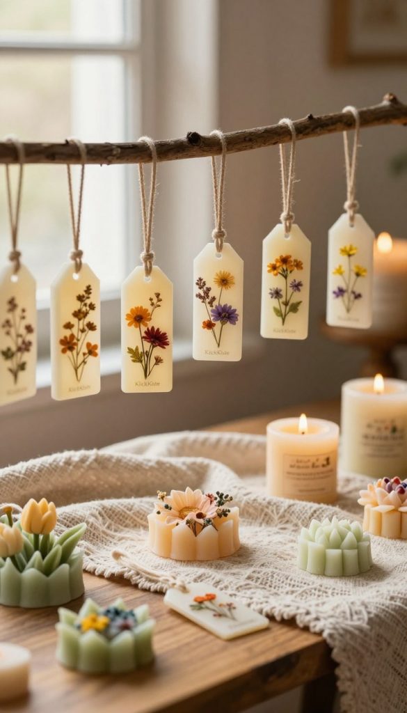 A beautifully arranged display featuring wax items inspired by upcycled candles. In the foreground, several intricately crafted wax gift tags infused with delicate floral scents hang gracefully from a rustic wooden branch, showcasing vibrant dried flowers suspended within the translucent wax. The middle ground showcases a cozy setting with a soft, textured cloth draped elegantly across a wooden table, dotted with more wax creations, like small decorative floral arrangements in wax. The background is softly blurred, featuring a warm, diffused light filtering through a window, enhancing the inviting atmosphere. The color palette is warm and earthy, with soft yellows, browns, and greens, evoking a sense of home and comfort, perfect for indoor DIY inspiration. Include the brand name "KlickKiste" subtly incorporated into the scene.