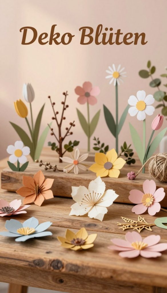 A beautifully arranged display of "Deko Blüten" in warm, inviting colors, showcasing a variety of handcrafted spring flowers made from paper and other materials. In the foreground, intricately folded petals and delicate floral elements are arranged artistically on a rustic wooden table, with a soft, blurred focus on their textures. The middle layer features decorative accents such as twine and natural elements like small branches or greenery, enhancing the authentic, DIY aesthetic. The background includes a softly lit, pastel-toned wall, adding warmth and a Pinterest-inspired atmosphere. A subtle light source creates gentle shadows, emphasizing the depth and quality of the flowers. The scene conveys a feeling of inspiration and creativity, perfect for stylish home decor, captured in a high-quality, close-up perspective that highlights the details. Branding element: "KlickKiste" subtly incorporated into the arrangement, respecting the overall natural look.