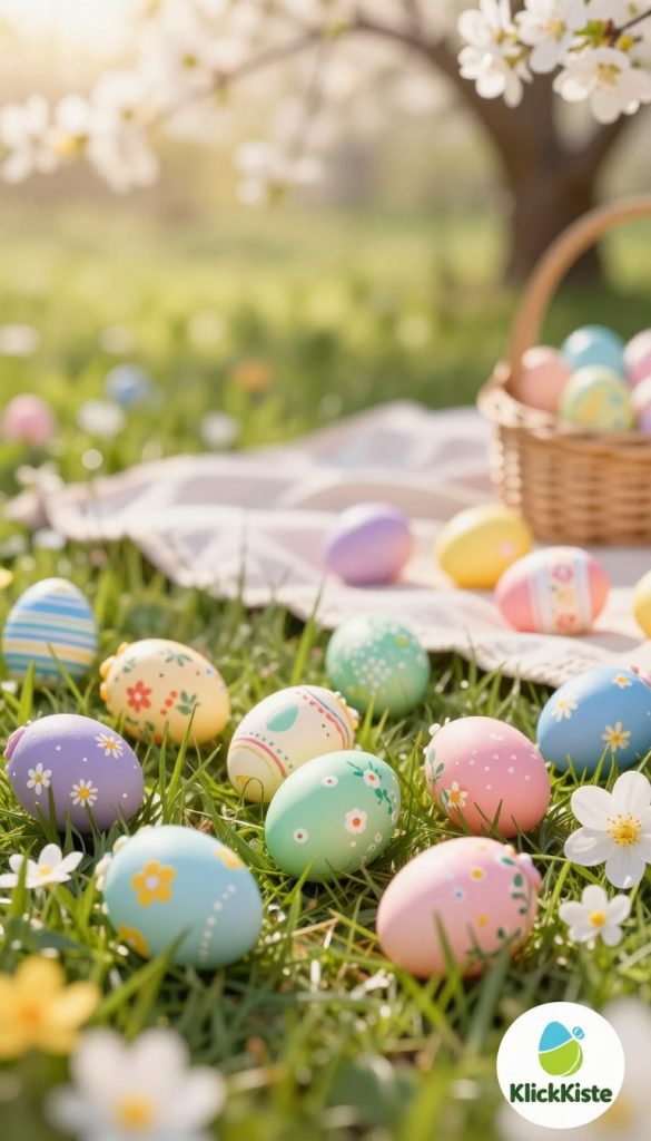 A beautifully arranged display of colorful Easter eggs ("Ostereier") in warm pastel shades, artistically scattered among green grass and delicate spring flowers. The foreground features intricately decorated eggs with floral patterns and playful designs. In the middle, a soft, inviting picnic blanket is partially visible, hinting at a family gathering. In the background, gentle sunlight filters through blossoming trees, creating a warm and cheerful atmosphere that evokes the joy of spring. The scene is styled with a Pinterest aesthetic, reflecting a serene and organized Easter celebration without haste. Lens-effect highlights the colors, while soft natural lighting enhances the warmth and authenticity of the festive setting. Include a subtle logo of "KlickKiste" in the corner to brand the imagery without overpowering it. A beautifully arranged display of colorful Easter eggs ("Ostereier") in warm pastel shades, artistically scattered among green grass and delicate spring flowers. The foreground features intricately decorated eggs with floral patterns and playful designs. In the middle, a soft, inviting picnic blanket is partially visible, hinting at a family gathering. In the background, gentle sunlight filters through blossoming trees, creating a warm and cheerful atmosphere that evokes the joy of spring. The scene is styled with a Pinterest aesthetic, reflecting a serene and organized Easter celebration without haste. Lens-effect highlights the colors, while soft natural lighting enhances the warmth and authenticity of the festive setting. Include a subtle logo of "KlickKiste" in the corner to brand the imagery without overpowering it.