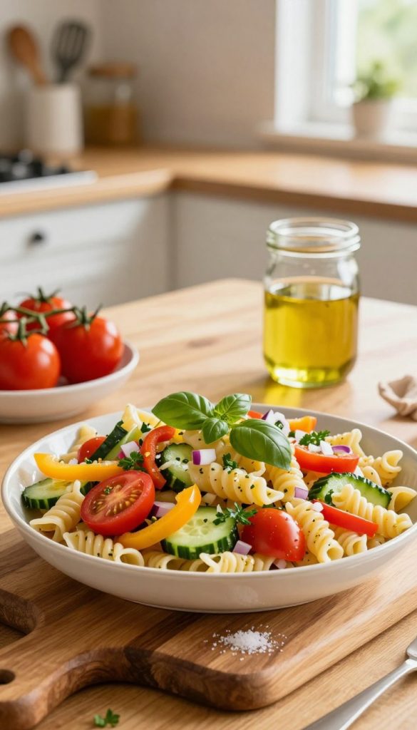 A beautifully arranged display of colorful pasta salad ingredients, showcasing a vibrant mix of cherry tomatoes, cucumber slices, bell peppers in various colors, diced red onion, and fresh herbs like basil and parsley. The foreground features a wooden cutting board with a bowl of cooked pasta, drizzled with olive oil, and a sprinkle of salt. In the middle, a bright, sunlit kitchen table adds warmth, enhancing the inviting atmosphere. A glass jar filled with homemade dressing sits nearby, reflecting natural light. The background includes soft-focus kitchen utensils and a hint of greenery through a window, creating a cozy, homey feel. This image captures the essence of a family favorite recipe, rich in color and freshness, with a warm Pinterest-style aesthetic, inspired by the brand "KlickKiste".