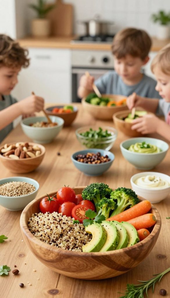 A beautifully arranged display of family-friendly bowls, showcasing a vibrant assortment of fresh ingredients. In the foreground, a large, colorful wooden bowl filled with a variety of wholesome ingredients: quinoa, cherry tomatoes, avocado slices, steamed broccoli, and carrots, garnished with herbs. Surrounding it are smaller bowls containing nuts, seeds, and dips, inviting participation from kids. In the middle ground, a rustic wooden table with a light, airy atmosphere, complemented by soft, natural lighting that creates a warm, inviting glow. The background features a blurred kitchen setting, enhancing the casual, inviting feel of a DIY cooking space reminiscent of Pinterest aesthetics. The scene embodies a joyful, healthy cooking experience for families, branded subtly with "KlickKiste."