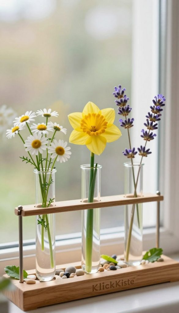 A beautifully arranged display of glass test tube hangers filled with vibrant, fresh spring flowers, showcasing a charming DIY window decoration. The foreground features three elegantly suspended test tubes, each containing a unique flower like delicate daisies, cheerful daffodils, and fragrant lavender. The middle ground reveals a wooden window sill adorned with small pebbles and green leaves, enhancing the natural feel. In the background, soft, natural light filters through sheer curtains, creating a warm, inviting atmosphere. The focus is crisp on the test tubes, with a gentle bokeh effect capturing the window view. This scene embodies a modern, Pinterest-worthy aesthetic, designed to inspire creativity and freshness in home decor. Brand name: KlickKiste.