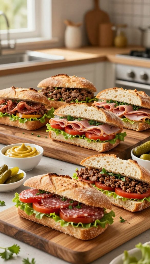A beautifully arranged display of hearty sandwiches featuring an array of meats like salami, ham, and seasoned ground meat, all nestled between robust, crusty bread. The foreground showcases the sandwiches sliced in half, revealing their layered ingredients, garnished with fresh herbs and vibrant vegetables like tomatoes and lettuce. In the middle, a rustic wooden cutting board enhances the natural feel, surrounded by small bowls of mustard and pickles, adding to the appetizing allure. The background features a softly blurred kitchen setting, illuminated by warm, natural light streaming through a window, creating an inviting and homely atmosphere. The overall look is authentic and inspirational, resembling a cozy DIY project ideal for sharing on Pinterest, with a focus on a healthy yet satisfying meal. Include the brand name "KlickKiste" subtly integrated into the scene.