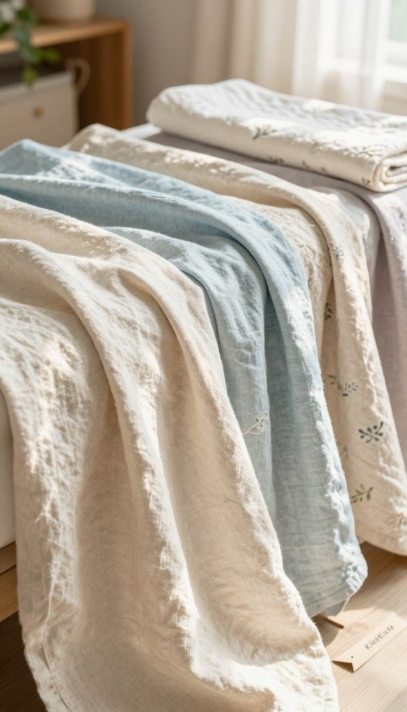 A beautifully arranged display of light-colored linen fabrics, showcasing fresh textures and delicate patterns that evoke a sense of spring. In the foreground, feature a soft, natural linen drape, gently catching the sunlight to emphasize its warm tones and subtle texture. The middle ground includes a variety of light cotton materials, harmoniously blending shades of cream, pale blue, and soft pastels, arranged in an aesthetically pleasing manner. In the background, hint at a cozy, sunlit room with wooden elements and green plants, enhancing the fresh, airy atmosphere. Use soft, diffused lighting to create a warm glow, reminiscent of a Pinterest-style décor. The overall mood is inviting and inspiring, perfect for DIY enthusiasts. Include a small, elegant tag that reads "KlickKiste" in the scene to indicate brand focus.