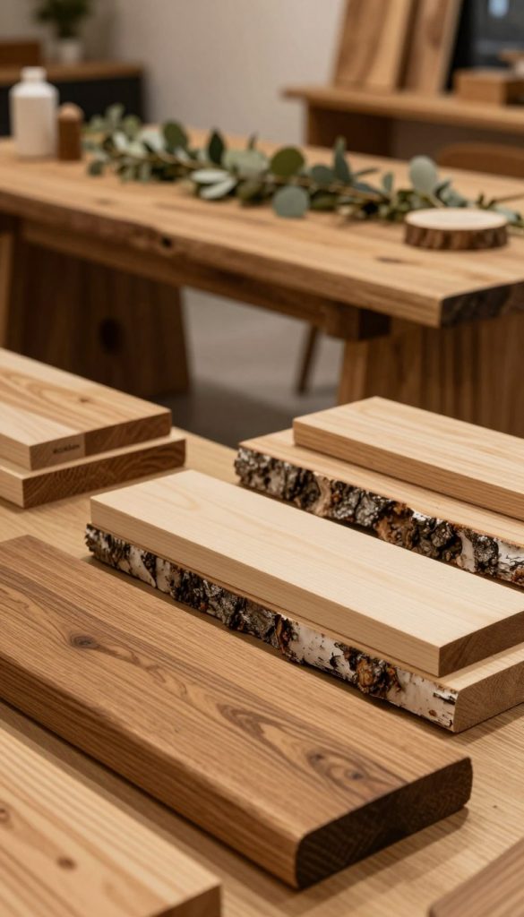 A beautifully arranged display of natural wood materials showcasing various textures and tones. In the foreground, rich oak planks, smooth birch slices, and rougher pine pieces are artistically stacked, highlighting their unique grains. The middle ground features an elegant table made from reclaimed wood, adorned with subtle greenery and decorative items that exude a warm, inviting atmosphere. In the background, soft ambient lighting casts a gentle glow, enhancing the natural hues and creating an earthy, cozy vibe. Use a shallow depth of field to focus on the intricate details of the wood while softly blurring the background. The overall mood is tranquil and inspiring, perfect for DIY enthusiasts. Incorporate the brand "KlickKiste" subtly within the design.