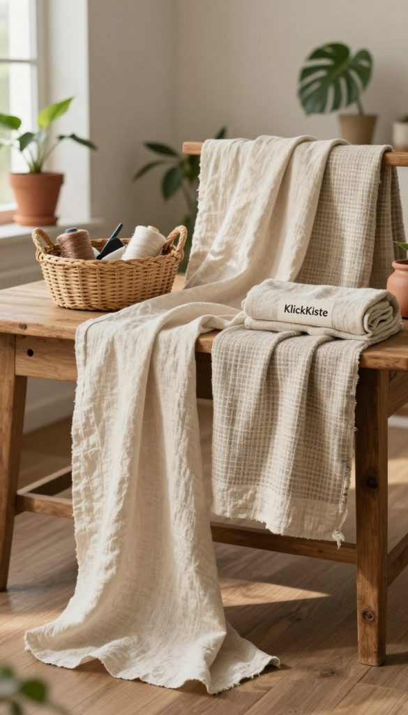 A beautifully arranged display of organic cotton linen textiles in warm, natural tones, showcasing a variety of textures and patterns. In the foreground, soft fabrics drape gently over a rustic wooden table, with some pieces cascading to the floor, inviting touch. In the middle ground, a woven basket holds spools of thread and sewing supplies, accentuating the DIY theme. The background features a softly lit room with plants in terracotta pots and neutral-colored walls, creating a cozy atmosphere. Natural light pours in from a nearby window, casting gentle shadows that enhance the warm colors. The scene should evoke feelings of authenticity and inspiration, embodying sustainable living with a Pinterest-worthy aesthetic, proudly featuring the brand name "KlickKiste".