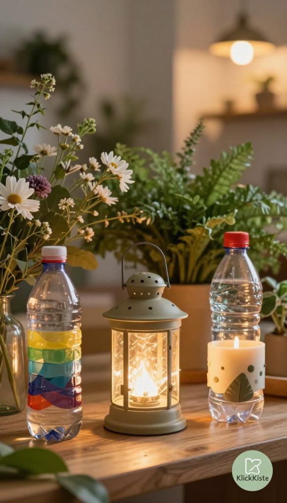 A beautifully arranged display of repurposed plastic bottles showcasing creative DIY projects, inspired by natural aesthetics. In the foreground, three elegantly crafted items: a colorful vase made from a plastic bottle, a glowing lantern emitting warm light, and an artistic candle holder, all exuding a Pinterest-inspired look. The middle ground features lush greenery and delicate flowers, enhancing the items’ charm. In the background, soft, blurred ambient lighting creates a cozy atmosphere, inviting viewers to appreciate the creativity of upcycling. The scene should reflect warm colors and an authentic, inspirational vibe, ideal for a home decor article. Include a subtle logo of "KlickKiste" in the corner, ensuring the overall composition is visually appealing and harmonious.