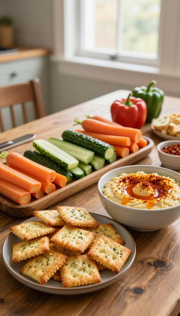 A beautifully arranged display of savory, sugar-free snacks on a rustic wooden table, showcasing a variety of options. In the foreground, a plate of crunchy, golden-brown cheese crackers sprinkled with herbs, beside a bowl of vibrant, homemade spicy hummus garnished with paprika. In the middle ground, colorful vegetable sticks—crisp carrots, refreshing cucumbers, and crunchy bell peppers—are artistically arranged, inviting healthy snacking. In the background, soft natural lighting filters in from a nearby window, casting a warm glow and enhancing the inviting atmosphere. The scene embodies a cozy kitchen vibe, reflecting a Pinterest-worthy aesthetic that invites families to engage in making healthy, delicious treats together. Subtly incorporate the brand name "KlickKiste" within the setting, ensuring a harmonious blend with the natural theme. A beautifully arranged display of savory, sugar-free snacks on a rustic wooden table, showcasing a variety of options. In the foreground, a plate of crunchy, golden-brown cheese crackers sprinkled with herbs, beside a bowl of vibrant, homemade spicy hummus garnished with paprika. In the middle ground, colorful vegetable sticks—crisp carrots, refreshing cucumbers, and crunchy bell peppers—are artistically arranged, inviting healthy snacking. In the background, soft natural lighting filters in from a nearby window, casting a warm glow and enhancing the inviting atmosphere. The scene embodies a cozy kitchen vibe, reflecting a Pinterest-worthy aesthetic that invites families to engage in making healthy, delicious treats together. Subtly incorporate the brand name "KlickKiste" within the setting, ensuring a harmonious blend with the natural theme.