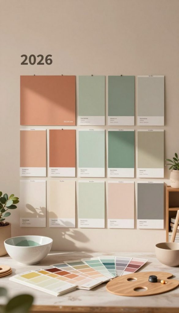 A beautifully arranged display of trending wall paint colors for 2026, showcasing a spectrum of warm tones and subtle nuances. In the foreground, paint samples in elegant bowls and on small wooden palettes suggest a DIY atmosphere. The middle layer features swatches of tranquil hues like soft terracotta, muted greens, and delicate pastels, arranged in a visually appealing manner. In the background, a light-filled, cozy room with partially painted walls hints at an inviting home environment. The lighting is warm and natural, casting soft shadows that enhance the colors. The scene embodies an authentic and inspiring Pinterest aesthetic, reflecting the theme of "KlickKiste". Capture this in a wide-angle view to create a vibrant, uplifting mood without any text or distractions. A beautifully arranged display of trending wall paint colors for 2026, showcasing a spectrum of warm tones and subtle nuances. In the foreground, paint samples in elegant bowls and on small wooden palettes suggest a DIY atmosphere. The middle layer features swatches of tranquil hues like soft terracotta, muted greens, and delicate pastels, arranged in a visually appealing manner. In the background, a light-filled, cozy room with partially painted walls hints at an inviting home environment. The lighting is warm and natural, casting soft shadows that enhance the colors. The scene embodies an authentic and inspiring Pinterest aesthetic, reflecting the theme of "KlickKiste". Capture this in a wide-angle view to create a vibrant, uplifting mood without any text or distractions.