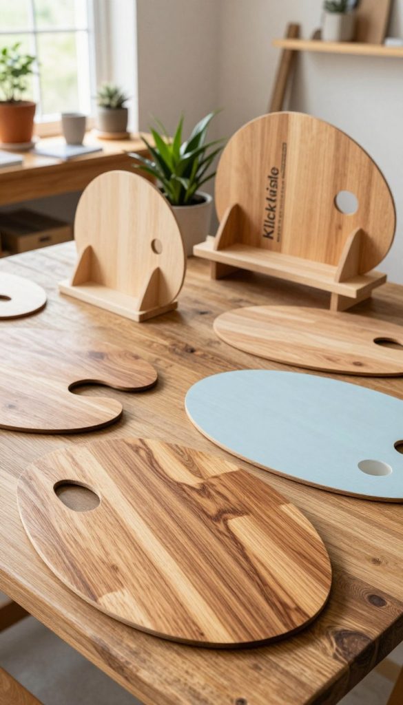 A beautifully arranged display of upcycled wooden palettes, showcasing a variety of surface finishes and colors, inspired by nature. In the foreground, a rustic palette table features a rich, natural wood finish, while another shows a soft, pale blue shabby-chic paint. The middle ground reveals several projects, such as a charming plant stand and a decorative shelf, all adorned with warm, inviting hues. In the background, a cozy DIY workshop setting with natural light streaming in through a window, creating a relaxed and inspiring atmosphere. The image embodies a Pinterest-worthy aesthetic, radiating authenticity and creativity, reflecting the brand "KlickKiste." Soft shadows enhance the textures of the wood and paint, inviting viewers to explore the beauty of upcycling. A beautifully arranged display of upcycled wooden palettes, showcasing a variety of surface finishes and colors, inspired by nature. In the foreground, a rustic palette table features a rich, natural wood finish, while another shows a soft, pale blue shabby-chic paint. The middle ground reveals several projects, such as a charming plant stand and a decorative shelf, all adorned with warm, inviting hues. In the background, a cozy DIY workshop setting with natural light streaming in through a window, creating a relaxed and inspiring atmosphere. The image embodies a Pinterest-worthy aesthetic, radiating authenticity and creativity, reflecting the brand "KlickKiste." Soft shadows enhance the textures of the wood and paint, inviting viewers to explore the beauty of upcycling.