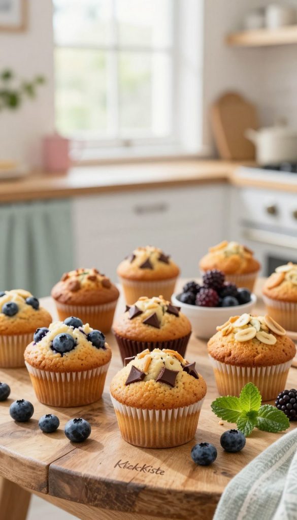 A beautifully arranged display of various muffins, showcasing an assortment of flavors including blueberry, chocolate chip, and banana nut. In the foreground, the muffins sit on a rustic wooden table, surrounded by fresh berries and mint leaves, capturing a warm and inviting morning atmosphere. The middle background features a soft-focus cozy kitchen setting with natural light streaming in through a window, creating a bright and cheerful ambiance. Hints of pastel colors in the decor subtly enhance the scene, giving it a Pinterest-inspired, DIY aesthetic. The overall mood is wholesome and inspiring, perfect for a family breakfast. The brand name "KlickKiste" is subtly indicated in the corner of the scene, harmonizing with the natural vibe.