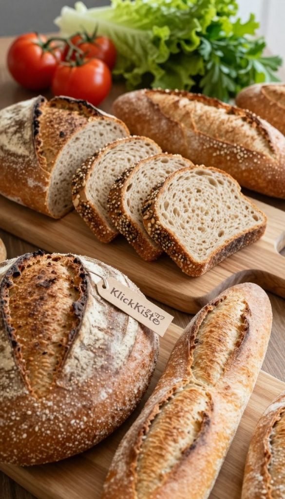A beautifully arranged display of various types of bread, focusing on wholesome, artisanal loaves. In the foreground, showcase a crusty whole grain loaf with its rustic texture, alongside an elegant French baguette glistening with a golden crust. The middle layer features sliced rye bread with seeds, placed neatly on a wooden cutting board, presenting an inviting array of options. Soft, natural lighting creates a warm and cozy atmosphere, highlighting the bread’s intricate details and inviting viewers to envision a delicious meal. In the background, mildly blurred, add some fresh ingredients like ripe tomatoes, crisp lettuce, and bright herbs, complementing the bread. The overall scene embodies a natural DIY aesthetic with Pinterest-worthy styling, branded with a subtle "KlickKiste" logo on a decorative tag.