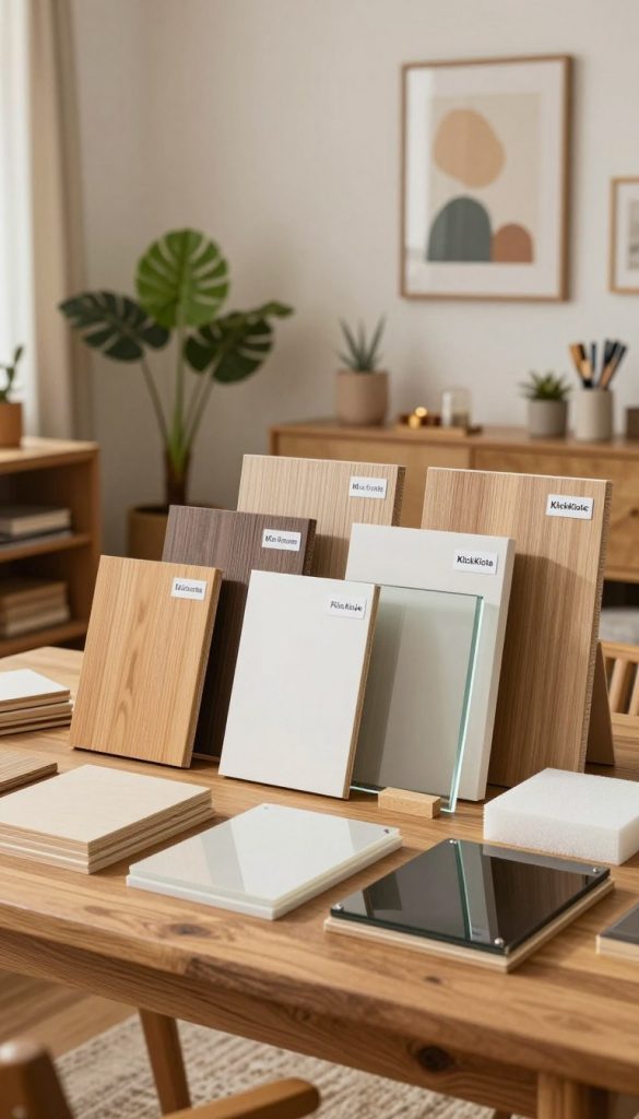 A beautifully arranged display of various wall panel materials in a cozy, modern interior setting. In the foreground, showcase samples of wood, MDF, plastic, acrylic glass, and foam, each clearly labeled and positioned on a stylish wooden table. In the middle ground, a softly lit, inviting room features trendy decor elements like plants, warm textiles, and artistic wall art. The background should hint at a well-organized workshop with tools and DIY supplies, emphasizing a creative atmosphere. Use warm, natural lighting to create a welcoming ambiance, enhancing the textures of the materials. The image should evoke inspiration and authenticity, featuring the brand “KlickKiste” subtly in the decor elements without any text overlays, presented in a Pinterest-worthy style.