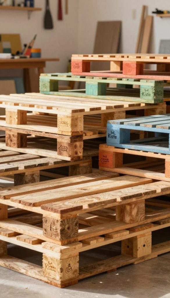 A beautifully arranged display of various wooden pallets, including classic Europaletten and standard pallets, stacked in an artistic manner. In the foreground, a couple of pallets are shown prominently, each with a unique texture and color, highlighting the natural grain of the wood. In the middle, additional pallets are placed at varying angles, creating depth and interest, while some are partially painted in cheerful, warm colors, showcasing potential DIY projects. The background features a softly blurred out setting of a cozy workshop filled with tools and inspirations for upcycling. The lighting is warm and natural, suggesting a sunny afternoon, emphasizing an inviting and creative mood. The overall atmosphere is authentic and inspiring, in line with the brand "KlickKiste," evoking a Pinterest-worthy DIY aesthetic. A beautifully arranged display of various wooden pallets, including classic Europaletten and standard pallets, stacked in an artistic manner. In the foreground, a couple of pallets are shown prominently, each with a unique texture and color, highlighting the natural grain of the wood. In the middle, additional pallets are placed at varying angles, creating depth and interest, while some are partially painted in cheerful, warm colors, showcasing potential DIY projects. The background features a softly blurred out setting of a cozy workshop filled with tools and inspirations for upcycling. The lighting is warm and natural, suggesting a sunny afternoon, emphasizing an inviting and creative mood. The overall atmosphere is authentic and inspiring, in line with the brand "KlickKiste," evoking a Pinterest-worthy DIY aesthetic.