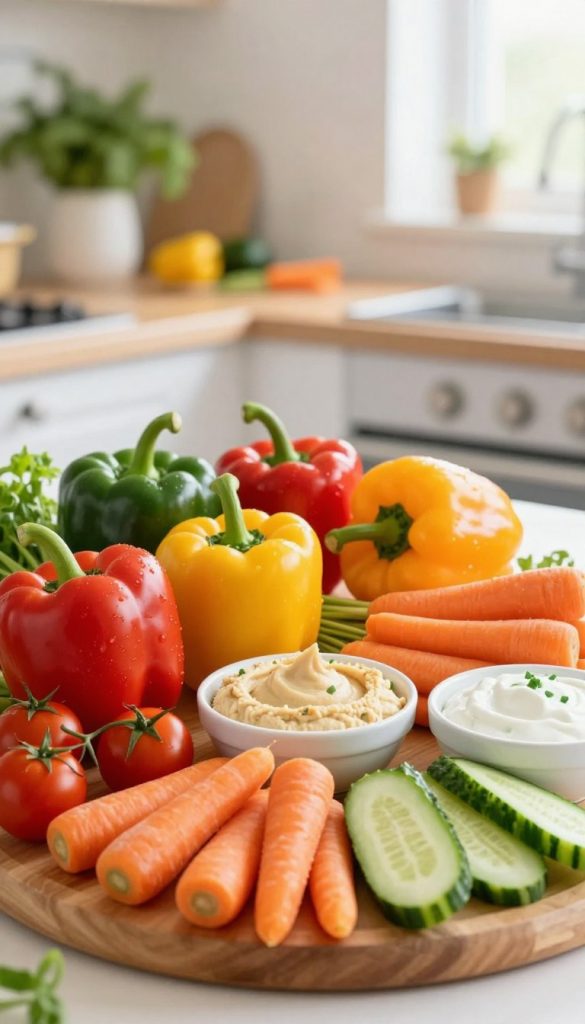 A beautifully arranged display of vibrant, hearty vegetable snacks for kids, featuring an assortment of colorful bell peppers, cherry tomatoes, carrot sticks, and cucumber slices. In the foreground, a wooden platter showcases these fresh vegetables, accompanied by small bowls of healthy dips like hummus and yogurt. The middle ground captures a cheerful kitchen scene, with bright, natural lighting illuminating the vegetables and creating a warm, inviting atmosphere. To enhance the Pinterest-inspired aesthetic, include soft-focus greenery or fresh herbs in the background. This image should convey a sense of wholesome creativity and inspiration for nourishing snacks, branded subtly with the name "KlickKiste," evoking feelings of health and joy, perfect for encouraging children's nutrition.