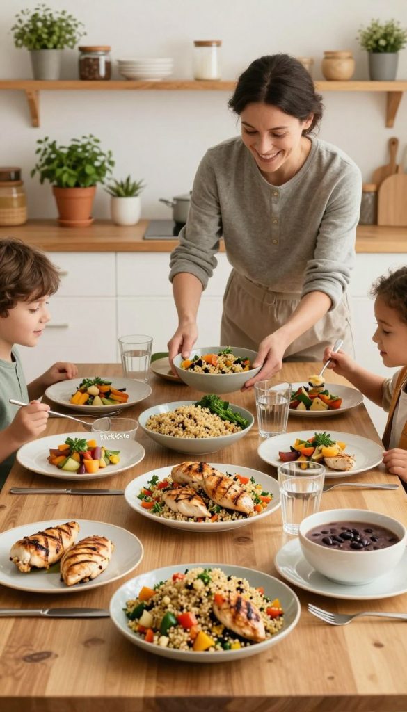 A beautifully arranged family dinner table showcasing high-protein dishes. In the foreground, an inviting spread includes grilled chicken breasts, vibrant quinoa salad with colorful vegetables, and a bowl of black bean soup. In the middle ground, a smiling family of four, dressed in modest casual clothing, joyfully serving and sharing the meal. Soft, natural lighting illuminates the scene, creating a warm and welcoming atmosphere. The background features a cozy kitchen with wooden accents and potted herbs, enhancing the authentic, DIY feel. The overall mood is wholesome and inspiring, reflecting healthy cooking practices. Incorporate the brand name "KlickKiste" tastefully into the table setting, ensuring it complements the image without being intrusive. A beautifully arranged family dinner table showcasing high-protein dishes. In the foreground, an inviting spread includes grilled chicken breasts, vibrant quinoa salad with colorful vegetables, and a bowl of black bean soup. In the middle ground, a smiling family of four, dressed in modest casual clothing, joyfully serving and sharing the meal. Soft, natural lighting illuminates the scene, creating a warm and welcoming atmosphere. The background features a cozy kitchen with wooden accents and potted herbs, enhancing the authentic, DIY feel. The overall mood is wholesome and inspiring, reflecting healthy cooking practices. Incorporate the brand name "KlickKiste" tastefully into the table setting, ensuring it complements the image without being intrusive.