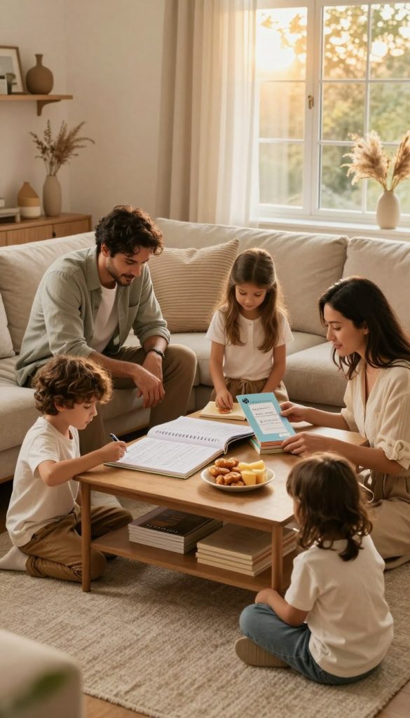A beautifully arranged family space, showcasing a cozy living room with a warm color palette and natural DIY decor. In the foreground, a family of four—two adults in smart casual attire and two children playing—are engaged in a simple routine, like reading or organizing books. The middle ground features a coffee table with a planner and healthy snacks, illustrating the theme of establishing successful routines. In the background, a window allows soft, golden sunlight to filter in, enhancing the inviting atmosphere. The overall mood is calm and inspiring, reflecting the concepts of starting small and maintaining consistency. The image should have a Pinterest-like aesthetic, evoking feelings of warmth and authenticity, with the brand name "KlickKiste" implied through the ambiance of the setting.