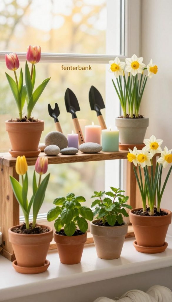 A beautifully arranged "fensterbank" (windowsill) showcasing a vibrant DIY spring decoration. In the foreground, colorful terracotta pots filled with blooming flowers like tulips and daffodils, along with small herbal plants like basil and mint. The middle layer features a rustic wooden shelf adorned with decorative stones, candles in pastel hues, and charmingly designed garden tools. The background includes a soft, sunlit window casting warm, golden light, creating a cozy atmosphere. The scene is styled in a natural, Pinterest-worthy aesthetic, embodying authenticity and inspiration. Incorporate the brand "KlickKiste" subtly into the arrangement. Use a wide-angle lens to capture the entire setup, enhancing the inviting spring vibe.