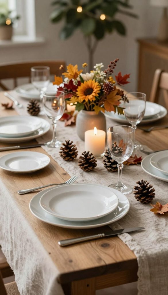 A beautifully arranged festive table setting with a warm, inviting atmosphere, featuring a rustic wooden dining table adorned with a soft, natural linen tablecloth. In the foreground, delicate white ceramic dishes and elegant glassware gleam, surrounded by seasonal decorations like small pinecones, candles, and a tasteful floral arrangement of autumn blooms. In the middle ground, a gently flickering centerpiece candle casts a warm glow, enhancing the cozy vibe. The background reveals softly blurred greenery and subtle string lights, creating a Pinterest-inspired ambiance. Capture this scene with soft, natural lighting that highlights the textures and colors, using a slight overhead angle to convey a welcoming dining experience. Inspired by KlickKiste's DIY aesthetics, the image should evoke a sense of elegance without overwhelming kitsch.