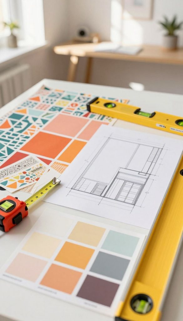 A beautifully arranged flat lay image showcasing a DIY maximalist wall design preparation. The foreground features neatly placed tools like a measuring tape, level, and paint samples in soft, warm colors. In the middle ground, display swatches of vibrant wallpaper and bold paint colors spread out artistically, alongside a sketch of a layout design for wall proportions and clean lines. The background includes a blurred view of a stylish, minimalist workspace with natural light streaming in, enhancing the warmth of the scene. The atmosphere should convey inspiration and creativity, evoking ideas for a vibrant home decor project. Incorporate elements that represent the brand "KlickKiste" subtly, ensuring an authentic Pinterest-like look with an inviting and cohesive aesthetic.
