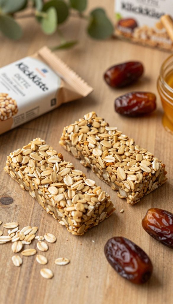 A beautifully arranged flat lay of "KlickKiste" dattel and oat bars, showcasing their natural texture and wholesome ingredients. The bars are cut into nice rectangles and placed on a rustic wooden table, surrounded by scattered oats, whole dates, and a touch of honey, emphasizing their healthful qualities. In the background, there's a hint of greenery from soft-focus plants that evoke a warm, inviting kitchen atmosphere. Warm, soft lighting bathes the scene, highlighting the golden hues of the oats and the rich, dark brown of the dates. The angle is slightly above to capture the entire spread, creating an authentic and inspiring Pinterest-worthy image perfect for showcasing power snacks for kids on-the-go.