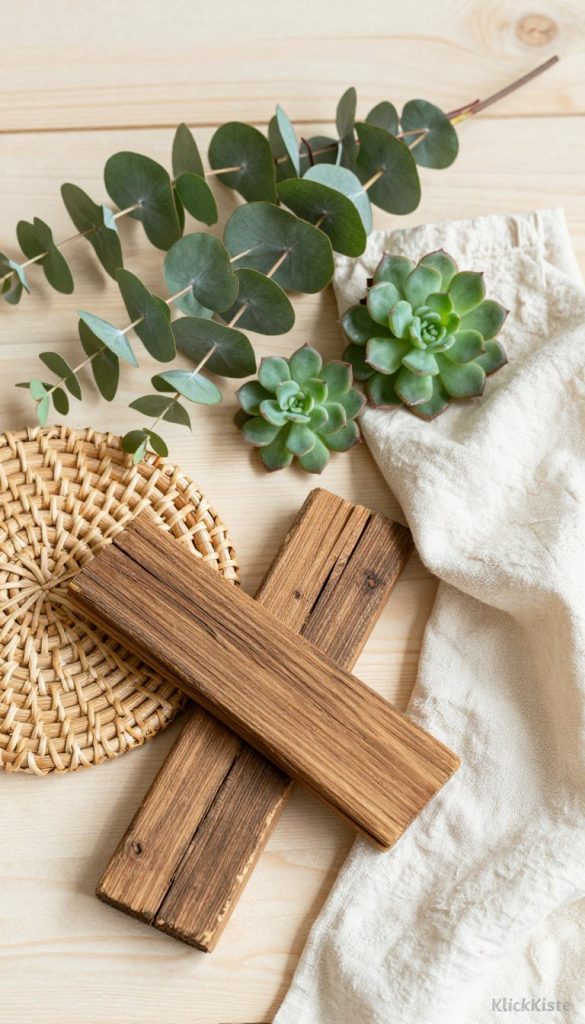 A beautifully arranged flat lay of eco-friendly, natural materials showcasing a sustainable DIY project. In the foreground, there are pieces of reclaimed wood, woven rattan, and soft, organic cotton fabric softly draped. In the middle, display an assortment of greenery such as eucalyptus and small succulents, providing a fresh touch with vibrant, earthy tones. The background features a textured, light-colored wooden surface that warms the overall scene. Soft, diffused natural light highlights the textures and creates gentle shadows, enhancing the cozy, inviting atmosphere. Capture the authentic and inspiring essence of eco-friendly decor, suited for a Pinterest aesthetic, with a subtle watermark displaying “KlickKiste” tastefully in a corner.
