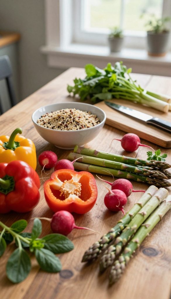 A beautifully arranged flat lay of fresh, vibrant spring ingredients on a rustic wooden kitchen table, embodying the concept of versatile meal prep. In the foreground, there are colorful vegetables like bell peppers, radishes, asparagus, and fresh herbs, artfully scattered. The middle ground features a bowl of quinoa and whole grains, and a sharp knife with a wooden cutting board. In the background, soft natural light filters through a window, highlighting the textures of the ingredients. Warm tones give the scene a cozy, inviting atmosphere, reminiscent of a DIY kitchen setup. The overall vibe is authentic and inspiring, perfect for capturing the essence of healthy spring meals, with the brand name "KlickKiste" subtly implied. The angle is slightly elevated, creating a balanced composition that invites viewers into the image.