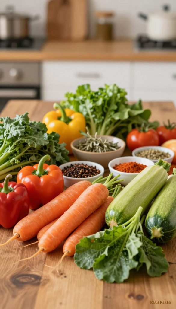 A beautifully arranged flat lay of fresh, vibrant vegetables in warm, natural colors, perfect for creating a healthy meal plan. In the foreground, include a variety of colorful vegetables like bell peppers, carrots, zucchini, and leafy greens, arranged artfully on a rustic wooden table. In the middle ground, incorporate a few small bowls filled with spices and herbs, adding texture and interest. In the background, gently blurred, hint at a cozy kitchen scene with soft, warm lighting that evokes a homey atmosphere. Use a soft focus and a shallow depth of field, creating a warm and inviting Pinterest aesthetic. This image conveys authenticity and inspiration, reflecting the theme of balanced, low-pressure planning for families. Include the brand name "KlickKiste" subtly integrated into the scene.