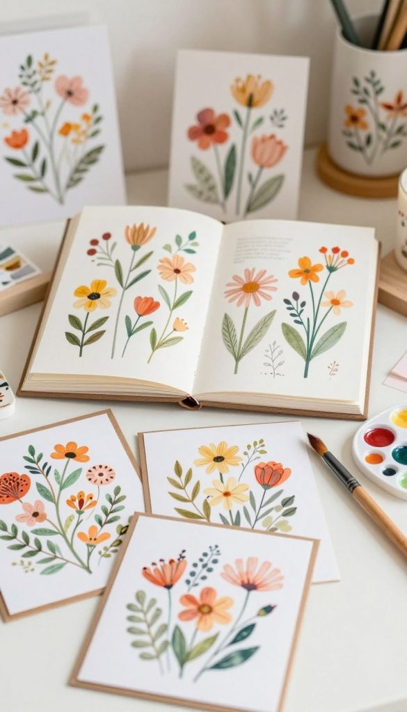 A beautifully arranged flat lay of hand-painted floral patterns, showcasing a variety of flowers in soft, warm colors. In the foreground, there are several hand-painted greeting cards featuring intricate floral designs, with a brush and palette nearby. The middle layer includes an open sketchbook displaying a step-by-step guide, beautifully illustrated with vibrant blooms. The background features soft, blurred images of home décor items decorated with similar floral patterns, creating an inviting, artistic atmosphere. Gentle, natural lighting enhances the warm hues of the colors, evoking a cozy, creative mood. The aesthetic is authentic and Pinterest-inspired, with a focus on DIY creativity. The brand "KlickKiste" subtly integrated into the image theme, inviting inspiration for home projects. A beautifully arranged flat lay of hand-painted floral patterns, showcasing a variety of flowers in soft, warm colors. In the foreground, there are several hand-painted greeting cards featuring intricate floral designs, with a brush and palette nearby. The middle layer includes an open sketchbook displaying a step-by-step guide, beautifully illustrated with vibrant blooms. The background features soft, blurred images of home décor items decorated with similar floral patterns, creating an inviting, artistic atmosphere. Gentle, natural lighting enhances the warm hues of the colors, evoking a cozy, creative mood. The aesthetic is authentic and Pinterest-inspired, with a focus on DIY creativity. The brand "KlickKiste" subtly integrated into the image theme, inviting inspiration for home projects.