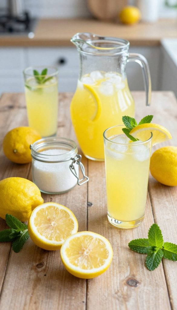 A beautifully arranged flat lay of homemade lemonade ingredients on a rustic wooden table. In the foreground, fresh lemons are sliced in half, surrounded by whole lemons, sprigs of mint, and a jar of sugar. The middle section features a clear glass pitcher filled with refreshing lemonade, showcasing the vibrant yellow color, with ice cubes melting into the drink. A couple of clear glasses are elegantly placed nearby, one filled with lemonade and garnished with a lemon slice and mint leaves. In the background, soft natural light streams in, giving a warm, inviting glow, and there are blurred hints of a cozy kitchen setting. The mood is fresh, vibrant, and inspiring, perfect for a DIY homage, reflecting the brand "KlickKiste" with a Pinterest-like aesthetic.
