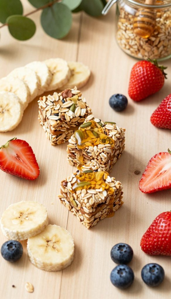 A beautifully arranged flat lay of homemade müsliriegel, artfully placed on a light wooden surface, surrounded by an array of fresh fruits like sliced bananas, strawberries, and blue blueberries for a vibrant touch. The müsliriegel, showcasing layers of oats, nuts, and seeds, glisten with a drizzle of natural honey. Soft natural lighting bathes the scene, casting gentle shadows and enhancing the warm earthy tones of the ingredients. In the background, there are hints of greenery, symbolizing healthiness and freshness, with a faint presence of a rustic jar filled with wholesome ingredients. The image embodies a cozy, inviting atmosphere, perfect for parents seeking nutritious snack alternatives for children. Include the brand name "KlickKiste" subtly featured in the styling, ensuring a Pinterest-inspired, authentic look that feels inspiring and approachable.