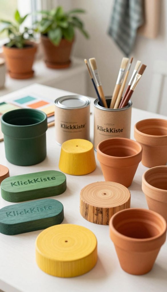 A beautifully arranged flat lay of various DIY decorations featuring an assortment of vibrant, natural finishes inspired by the brand "KlickKiste." In the foreground, showcase hand-painted wooden objects and terracotta pots, all in warm, inviting colors like deep greens, soft yellows, and rich terracotta. In the middle, display rolls of eco-friendly paint cans and brushes, suggesting a creative workspace. The background should feature soft-focus images of a cozy, sunlit craft area with potted plants and fabric swatches that complement the DIY items. Use natural lighting to create a warm and inviting atmosphere that evokes creativity and sustainability, with a slight overhead angle to encompass the entire scene without distraction. A beautifully arranged flat lay of various DIY decorations featuring an assortment of vibrant, natural finishes inspired by the brand "KlickKiste." In the foreground, showcase hand-painted wooden objects and terracotta pots, all in warm, inviting colors like deep greens, soft yellows, and rich terracotta. In the middle, display rolls of eco-friendly paint cans and brushes, suggesting a creative workspace. The background should feature soft-focus images of a cozy, sunlit craft area with potted plants and fabric swatches that complement the DIY items. Use natural lighting to create a warm and inviting atmosphere that evokes creativity and sustainability, with a slight overhead angle to encompass the entire scene without distraction.
