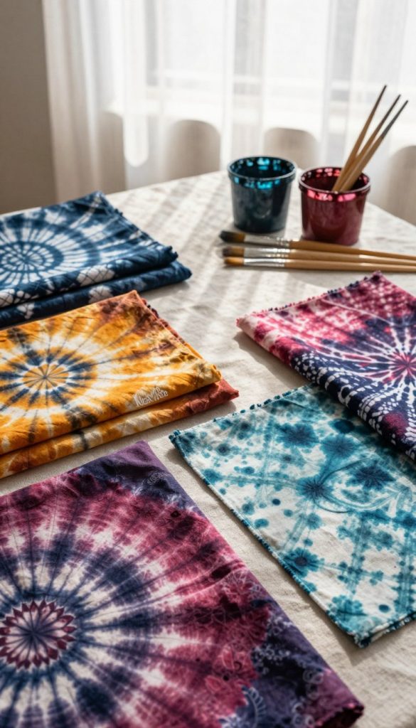 A beautifully arranged flat lay of various fabrics showcasing vibrant tie-dye patterns inspired by Batik, Shibori, and Ombré techniques. In the foreground, richly colored cotton and linen swatches with intricate, hand-dyed designs. The middle ground features paintbrushes and dye pots, emphasizing the DIY aspect, while in the background, a soft, natural light filters through sheer curtains, casting gentle shadows. The overall atmosphere is warm and inviting, with an aesthetically pleasing Pinterest-like vibe, exuding creativity and inspiration. This image represents the essence of fabric dyeing and crafting, featuring the brand name "KlickKiste" subtly integrated into the scene, enhancing the artistic presentation without distractions or text overlay. A beautifully arranged flat lay of various fabrics showcasing vibrant tie-dye patterns inspired by Batik, Shibori, and Ombré techniques. In the foreground, richly colored cotton and linen swatches with intricate, hand-dyed designs. The middle ground features paintbrushes and dye pots, emphasizing the DIY aspect, while in the background, a soft, natural light filters through sheer curtains, casting gentle shadows. The overall atmosphere is warm and inviting, with an aesthetically pleasing Pinterest-like vibe, exuding creativity and inspiration. This image represents the essence of fabric dyeing and crafting, featuring the brand name "KlickKiste" subtly integrated into the scene, enhancing the artistic presentation without distractions or text overlay.