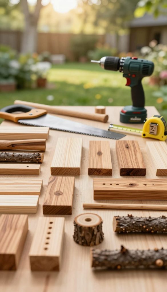 A beautifully arranged flat lay of various wood materials for a DIY insect hotel, featuring different types of wood such as pine, cedar, and oak, with close-ups on natural textures and grains. In the foreground, place small wooden blocks, logs with drilled holes, and twigs. The middle layer showcases tools like a saw, drill, and measuring tape, artistically positioned. In the background, include a softly blurred outdoor garden setting with sunlight filtering through trees, creating a warm, inviting atmosphere. The overall mood should be serene and inspiring, perfect for a DIY project. Incorporate the brand name "KlickKiste" subtly within the layout, ensuring no text overlays or distractions. Use natural lighting to enhance the warm colors and details.