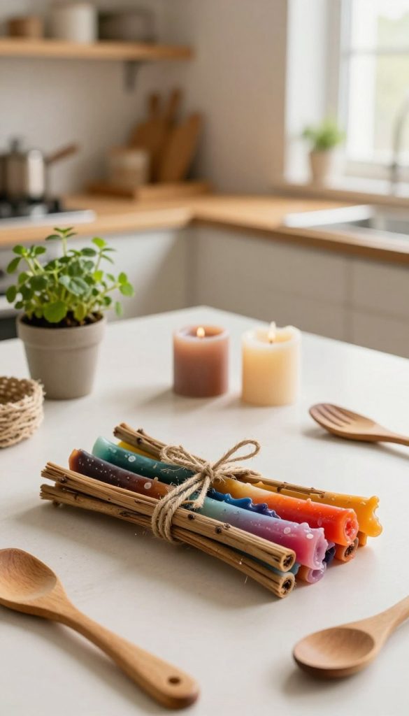 A beautifully arranged flat lay showcasing a DIY grill starter made from candle remnants, surrounded by wooden utensils and natural twine. In the foreground, the grill starter is creatively shaped into a rustic bundle, with vibrant colors reflecting the leftover candle wax. The middle ground features a few scattered used candle bits in varying shapes and sizes, alongside a small potted herb for a touch of greenery. The background softly blurs into a warm, inviting kitchen space with wooden shelves and subtle natural light filtering through a nearby window, creating a cozy atmosphere. Emphasize a Pinterest-inspired aesthetic with warm hues and an authentic, inspiring vibe. Include a subtle "KlickKiste" branding element, making it feel like a homely DIY project.